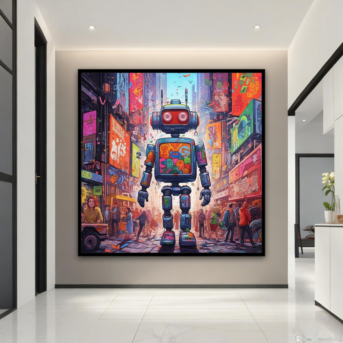 Robot Crowded City Street Graffiti Pop Art Urban Scene Art Poster