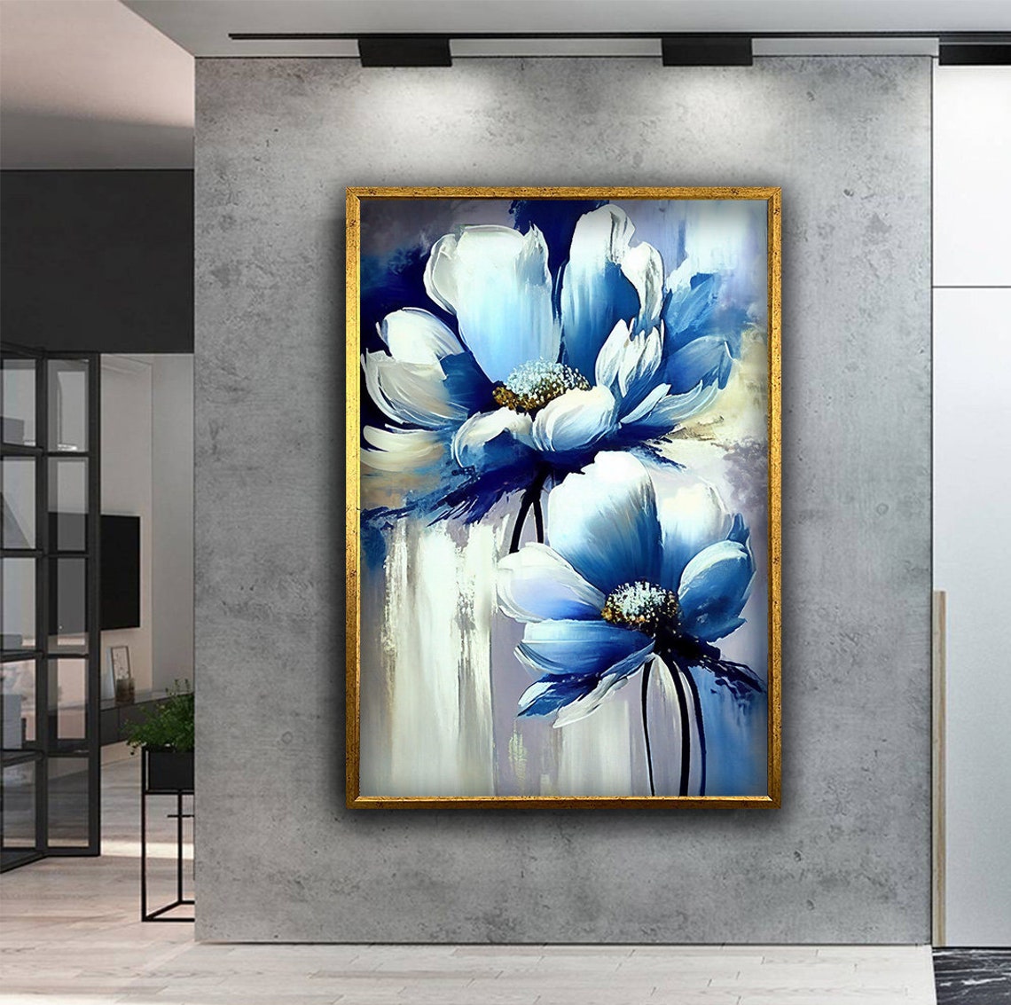 Blue White Anemone Flowers Impasto Bold Botanical Floral Poster - Image 2