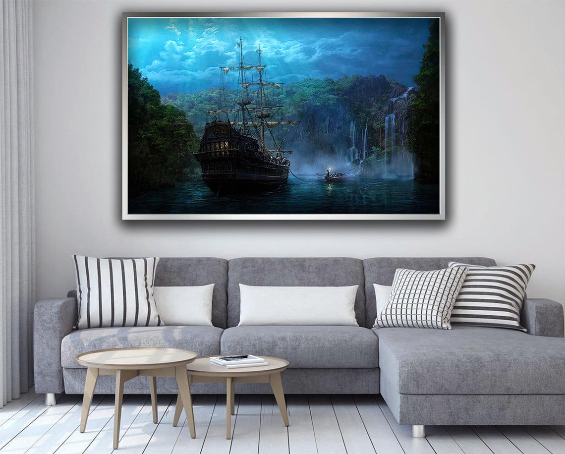 Moonlit Pirate Ship Tropical Cove Waterfall Fantasy Wall Art - Image 5