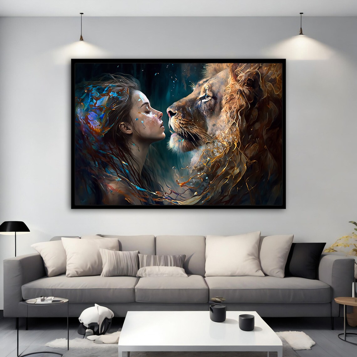 Woman and Lion Face to Face in Splashing Water Fantasy Art Poster - Image 5