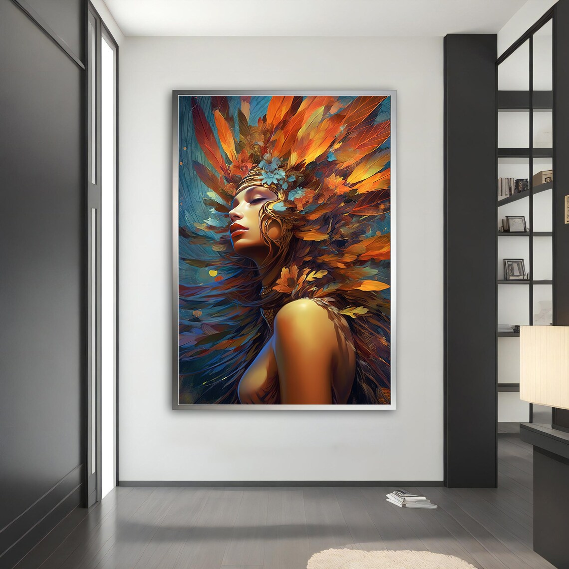 Colorful Woman with Fiery Feather Headdress Tribal Beauty Art Poster - Image 5