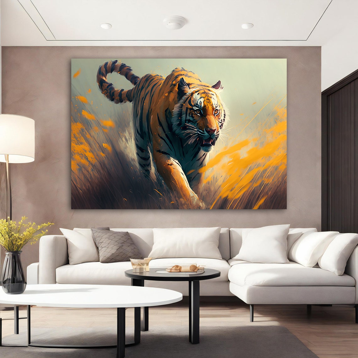 Tiger Walking Golden Grass Dramatic Wildlife Prowl Art Poster - Image 3