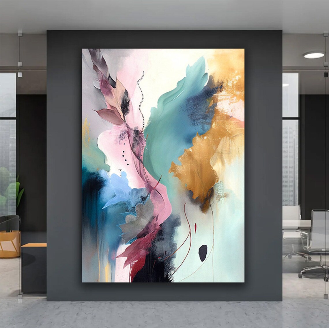Colorful Abstract Leaves Watercolor Pink Teal Gold Wall Art Poster - Image 5