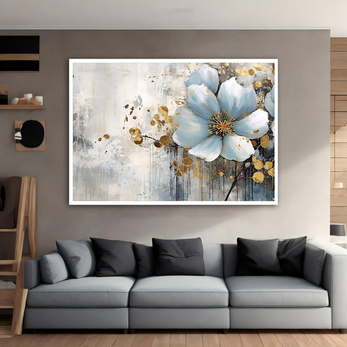 Grey White Bloom Gold Accents Soft Impressionistic Floral Poster