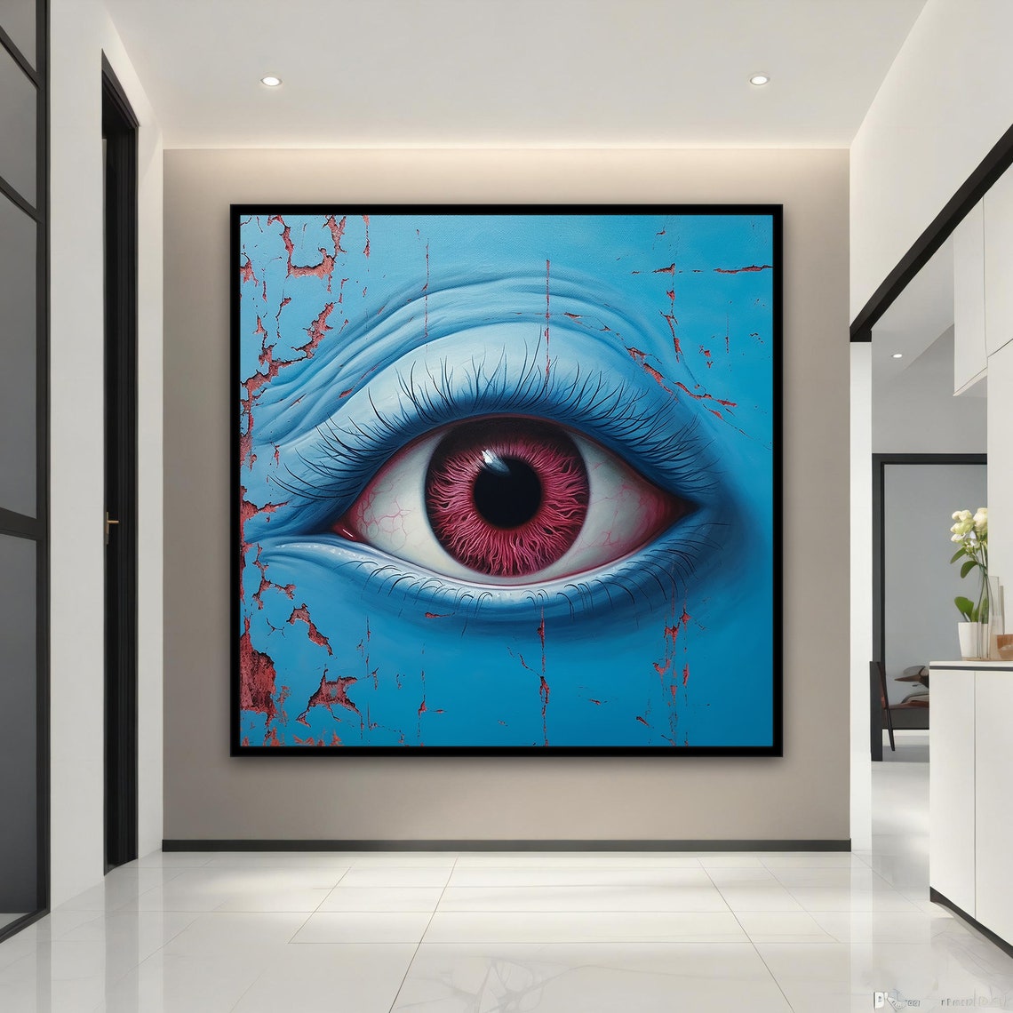Giant Red Eye on Cracked Blue Skin Surreal Abstract Wall Art Poster