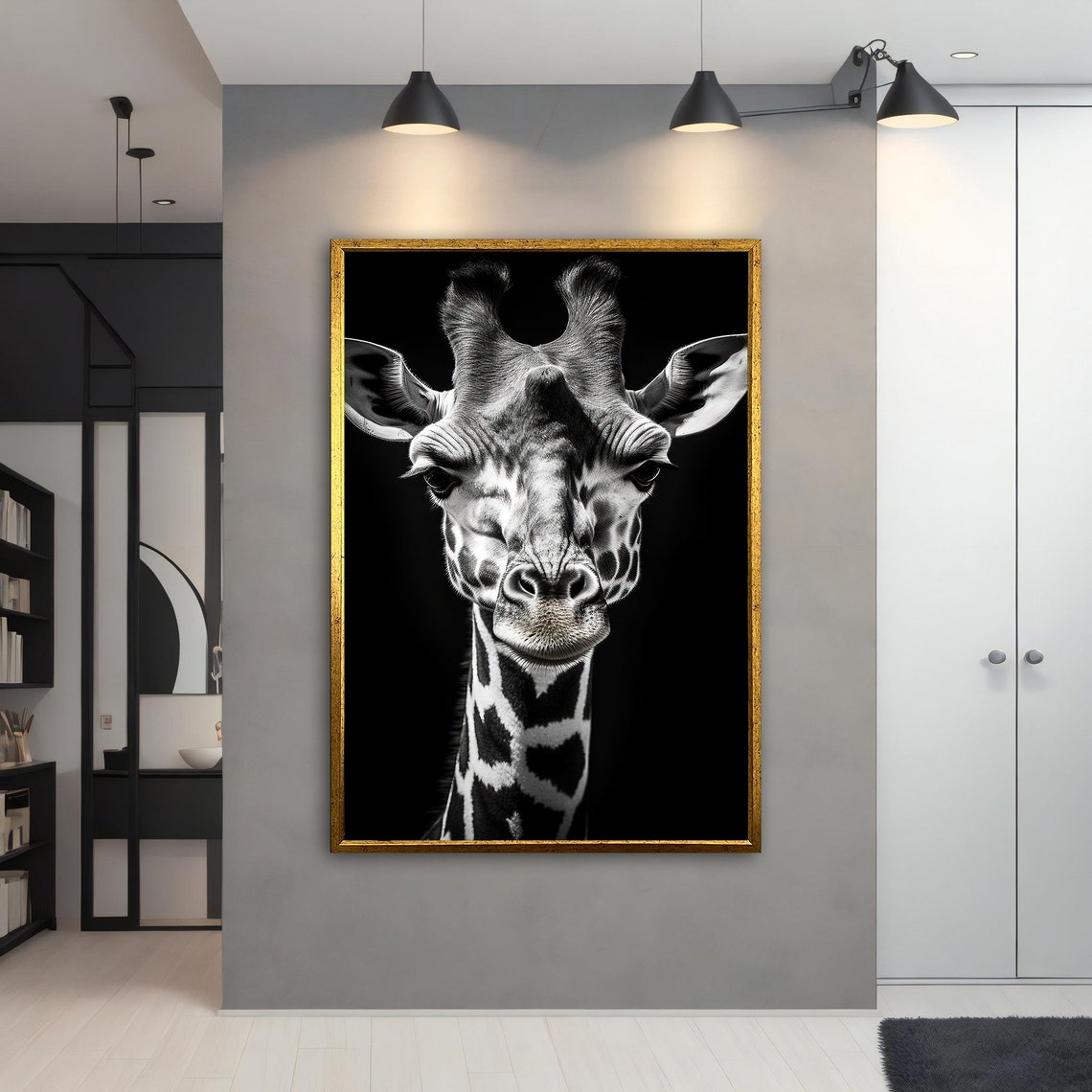 Black and White Giraffe Close Up Portrait Dark Background Print - Image 5