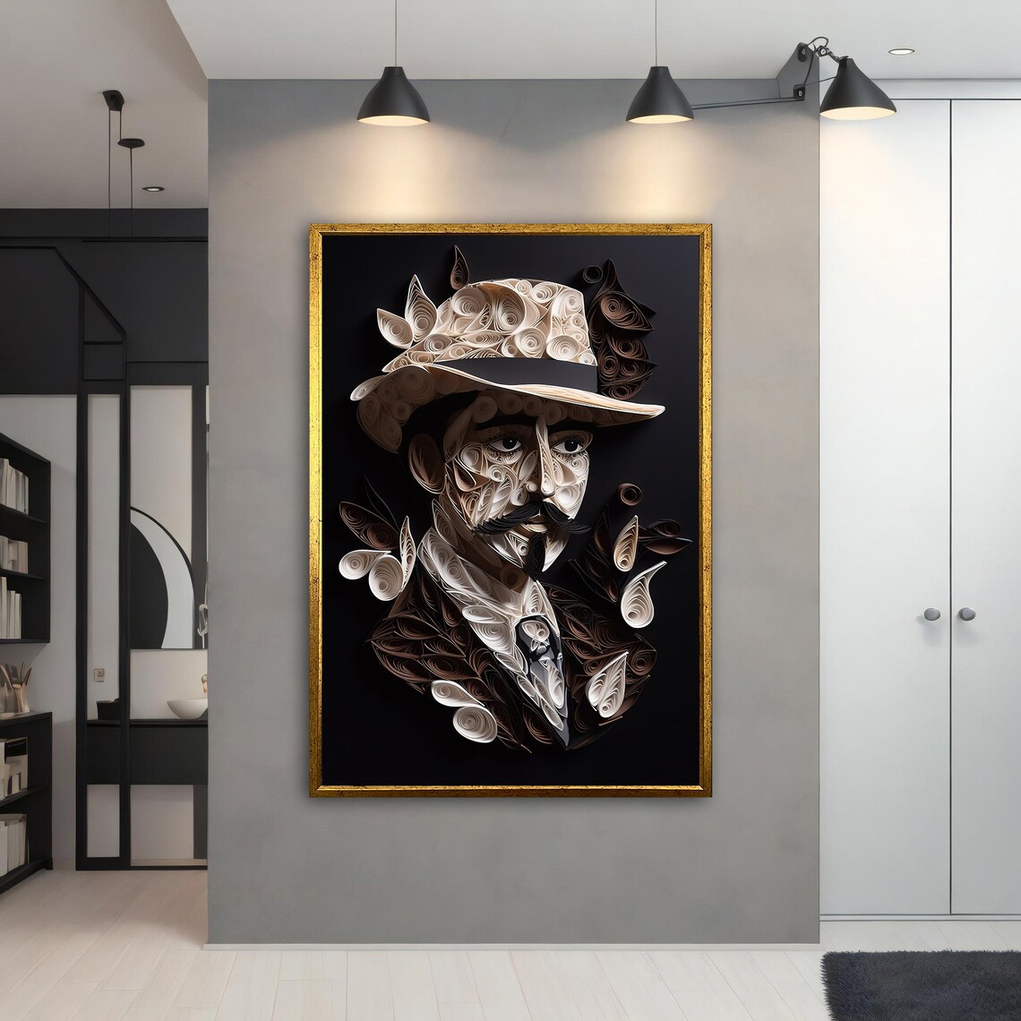 Quilling Paper Art Gentleman Hat Mustache Black White Portrait Print - Image 3