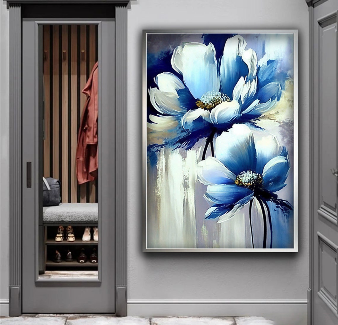 Blue White Anemone Flowers Impasto Bold Botanical Floral Poster - Image 4