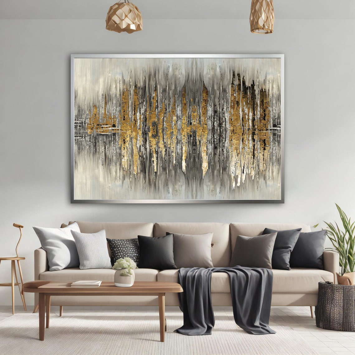 Luxury Gold and Black Abstract Drip Painting Modern Wall Art - Image 2