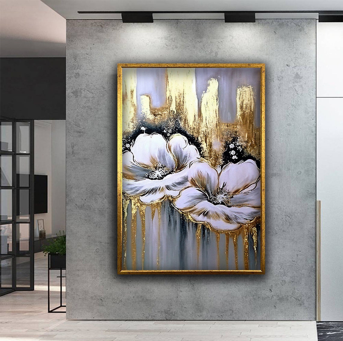 White And Gold Floral Art Grey Background Blooming Flower Poster - Image 3