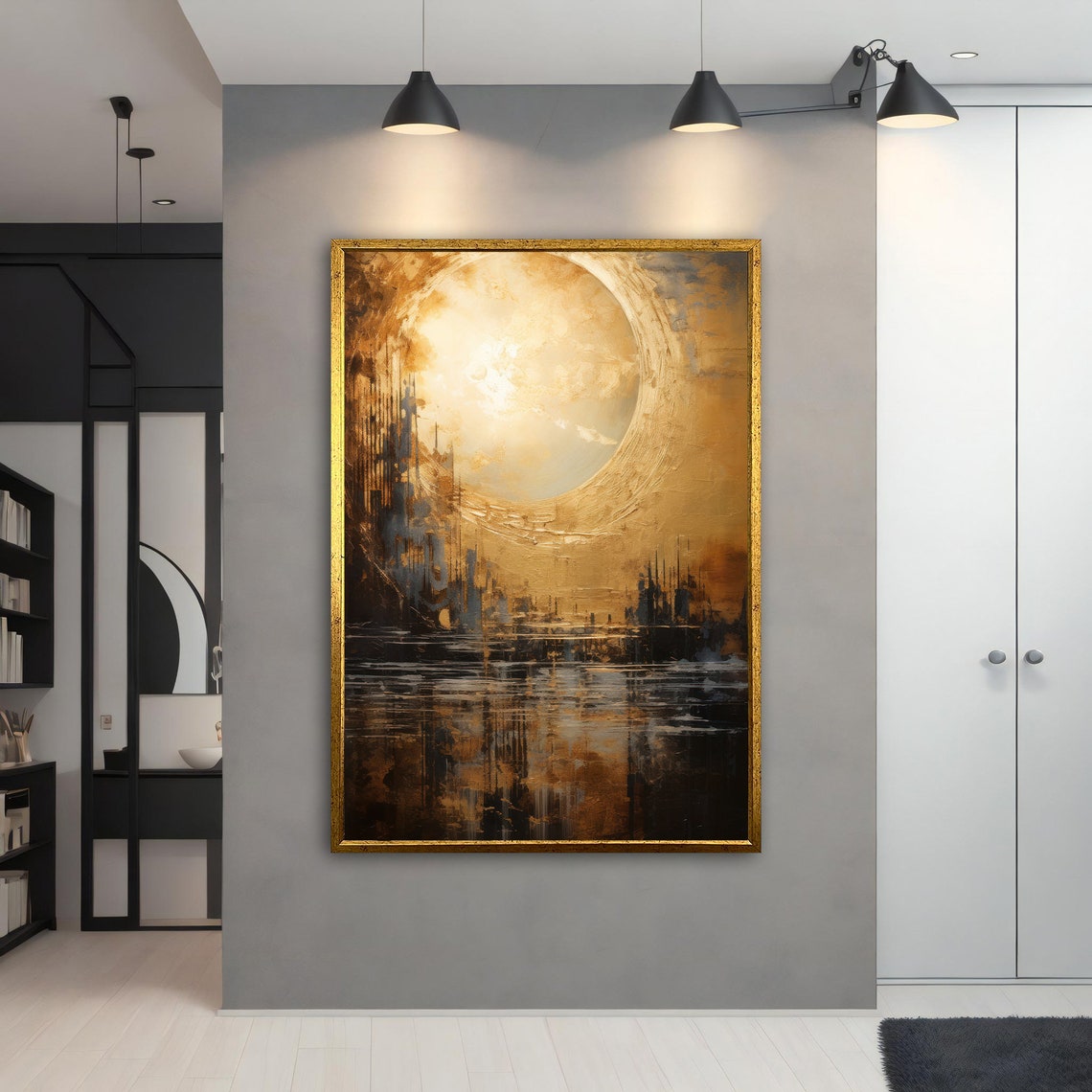 Golden Moon over Dark Water Abstract City Reflection Art Poster