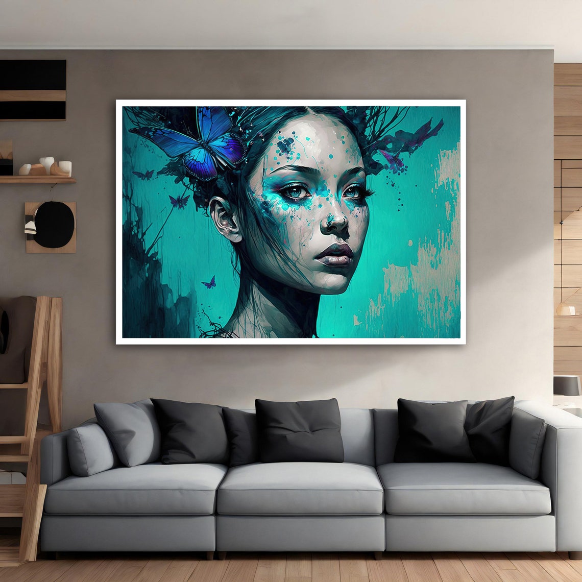 Woman Portrait Art Woman And Butterfly In Blue Wall Art Blue Eyes Woman Wall Art Abstract Girl Paint - Image 3