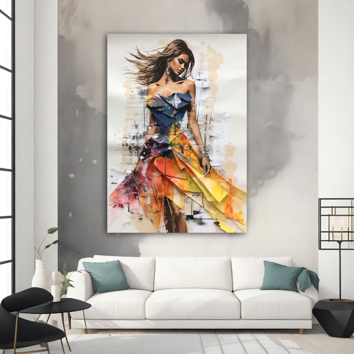 Fashion Woman Colorful Collage Dress Windblown Hair Wall Art Print - Image 3