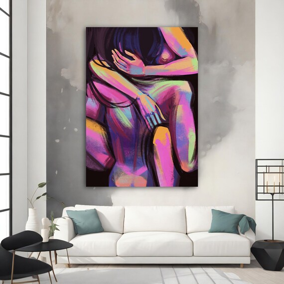 Neon Embrace Couple Vivid Pink Purple Blue Passionate Modern Art Poster