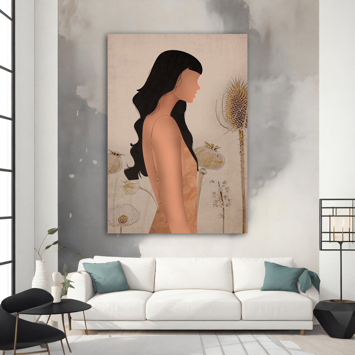Woman Side Profile Long Black Hair Botanical Peach Dress Wall Art - Image 3