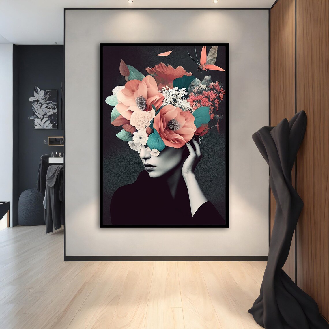 Woman Coral Flower Bouquet Face Black Background Floral Wall Art - Image 5