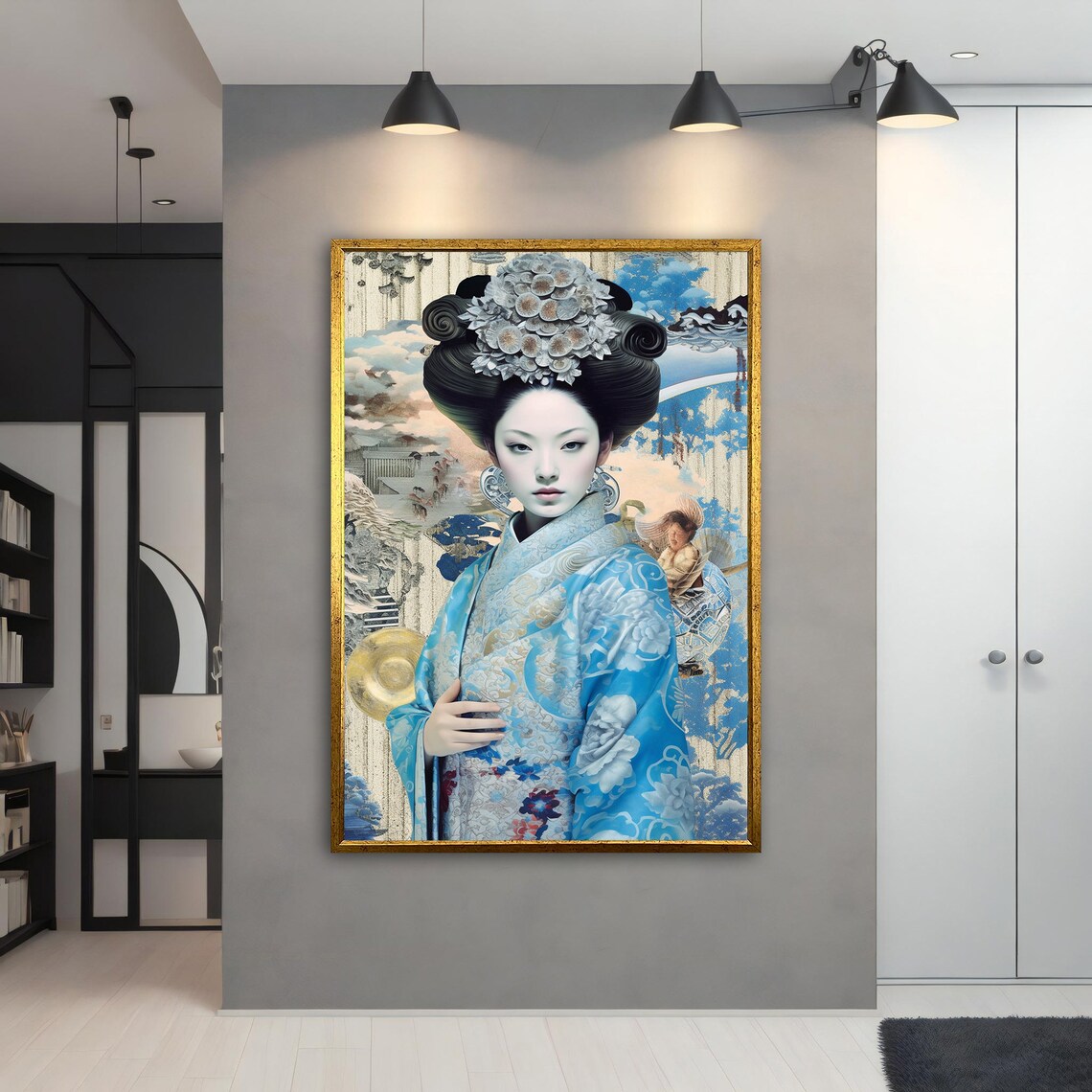 Geisha in Blue Kimono Japanese Floral Hair Ornament Art Poster - Image 4