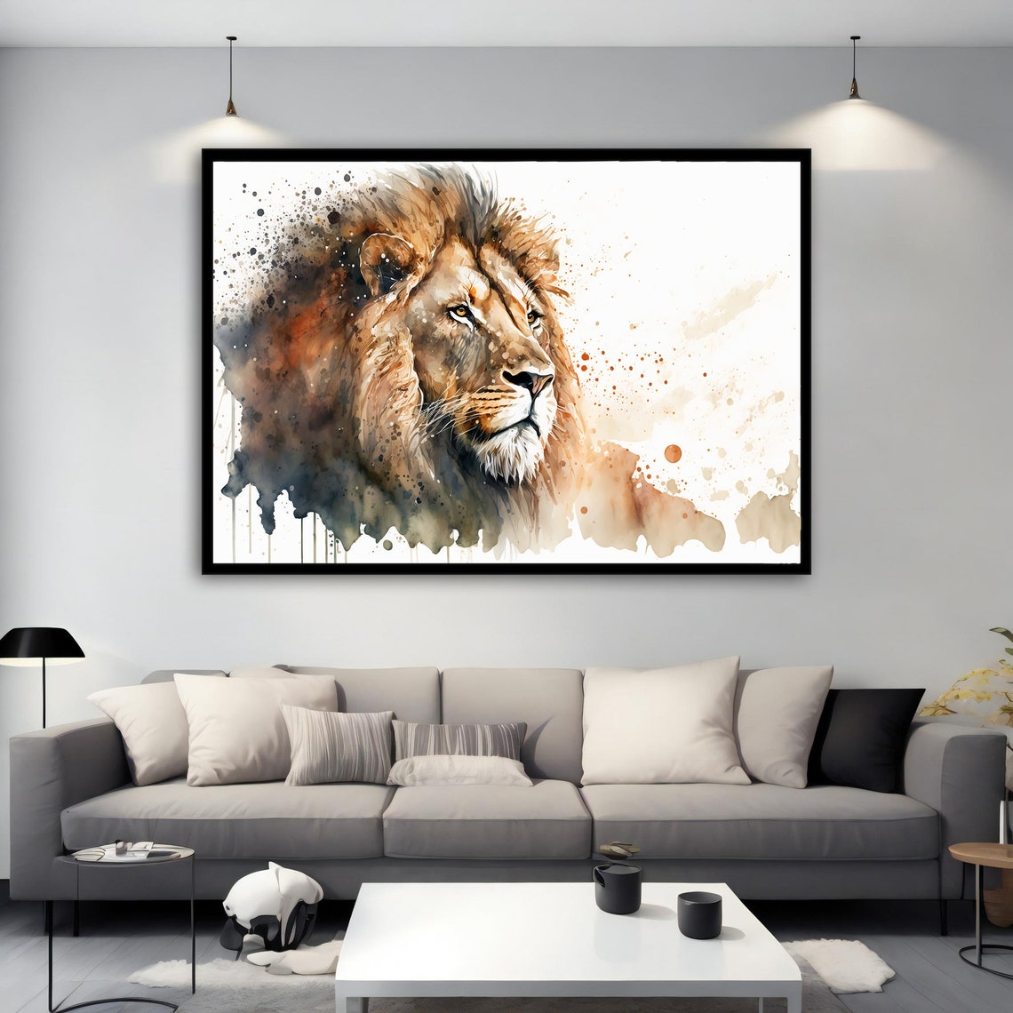 Lion Watercolor Splatter Profile Majestic King Jungle Art Poster