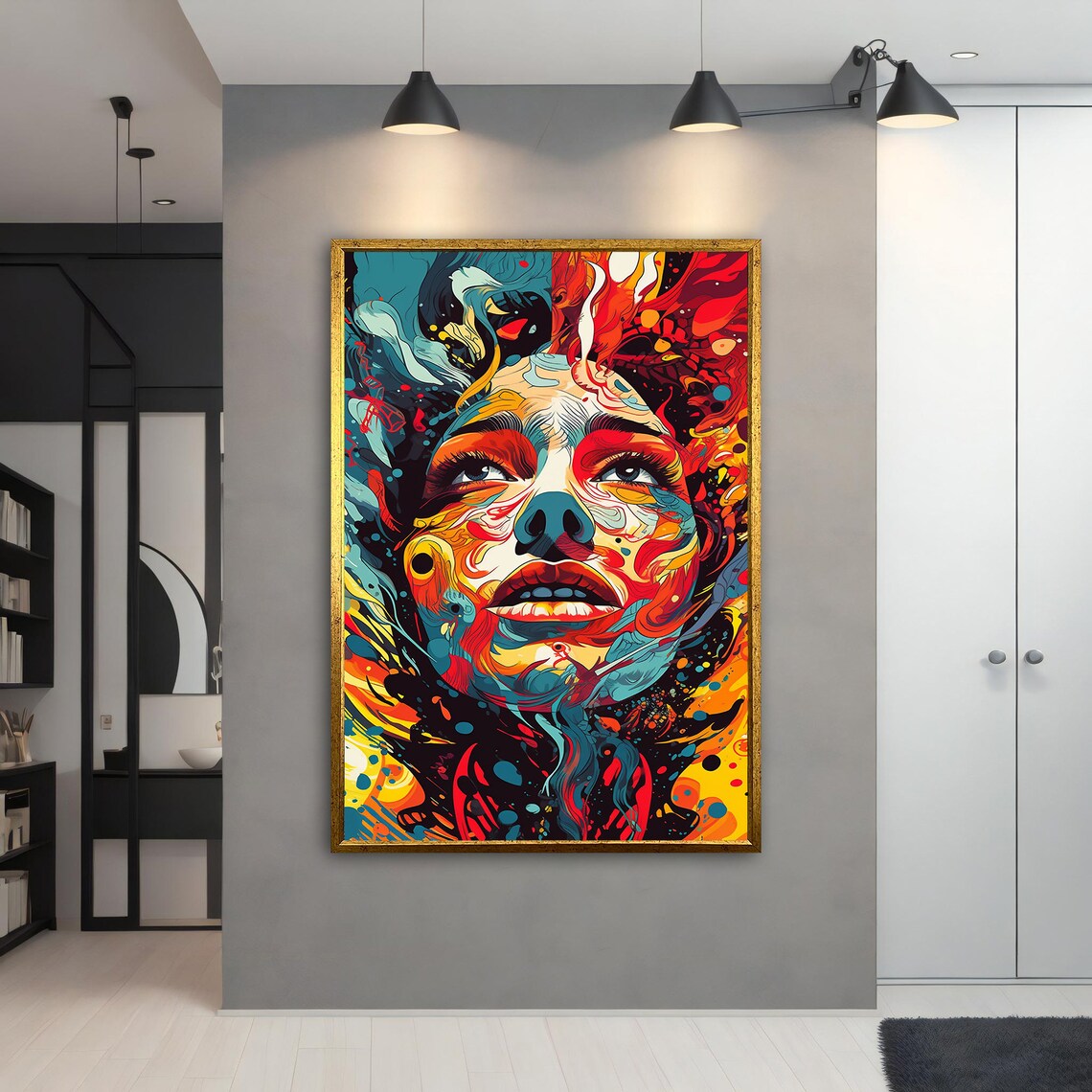 Fiery Abstract Woman Face Colorful Swirl Modern Portrait Wall Art - Image 3