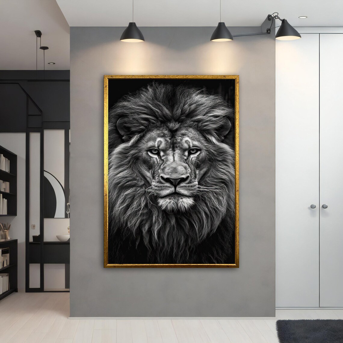 Black And White Lion Portrait Majestic Mane Monochrome Wildlife Art Poster - Image 5