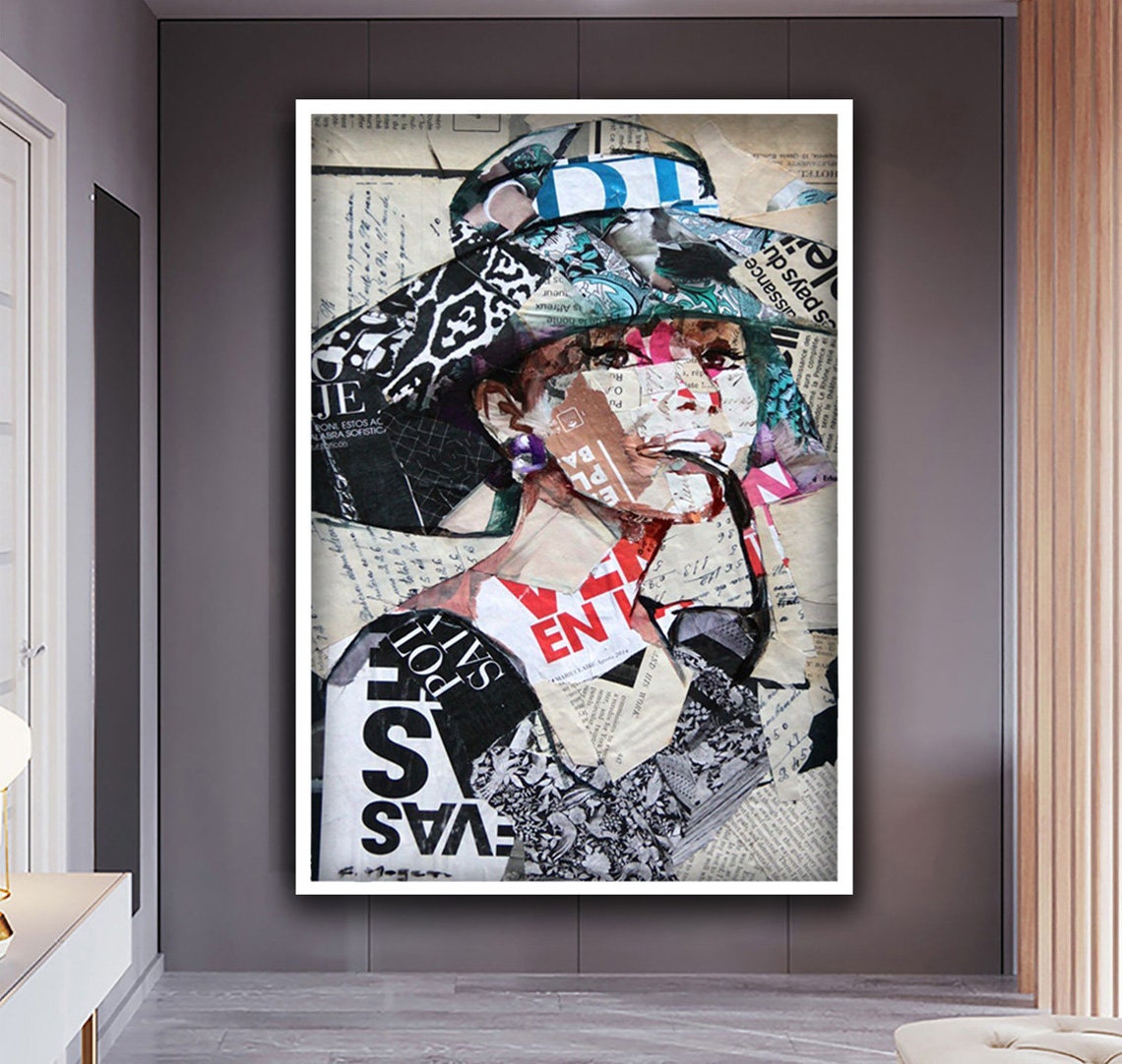 Audrey Hepburn Collage Portrait Wide Brim Hat Newspaper Art Poster - Image 5