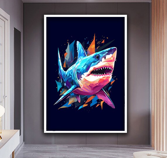 Colorful Geometric Shark Portrait Low Poly Sea Life Art Poster