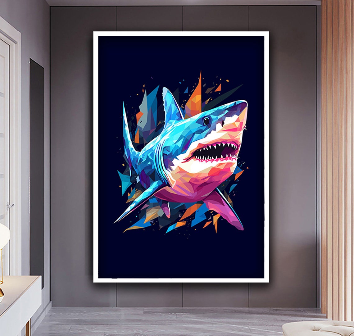 Colorful Geometric Shark Portrait Low Poly Sea Life Art Poster