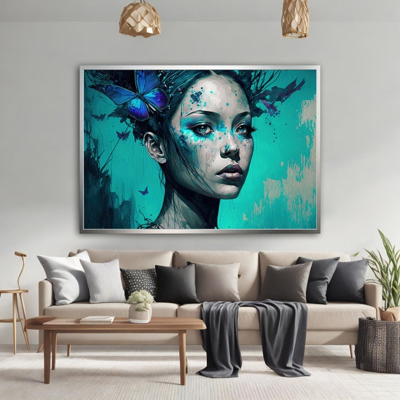 Woman Portrait Art Woman And Butterfly In Blue Wall Art Blue Eyes Woman Wall Art Abstract Girl Paint
