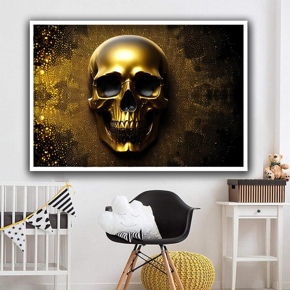 Gold Skull Glitter Gothic Black Background Metallic Skull Wall Art Poster - Image 4