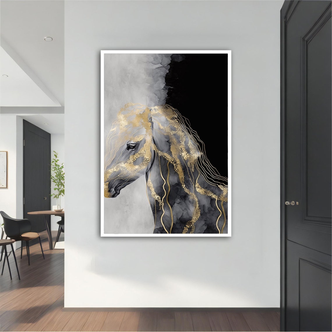 Grey Horse Gold Line Mane Abstract Luxury Equine Art Black Wall Poster - Image 5