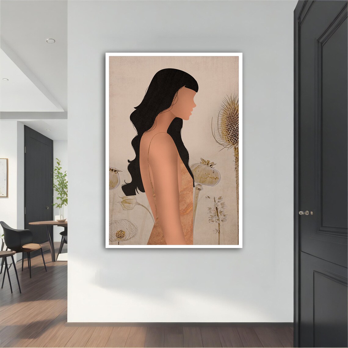 Woman Side Profile Long Black Hair Botanical Peach Dress Wall Art