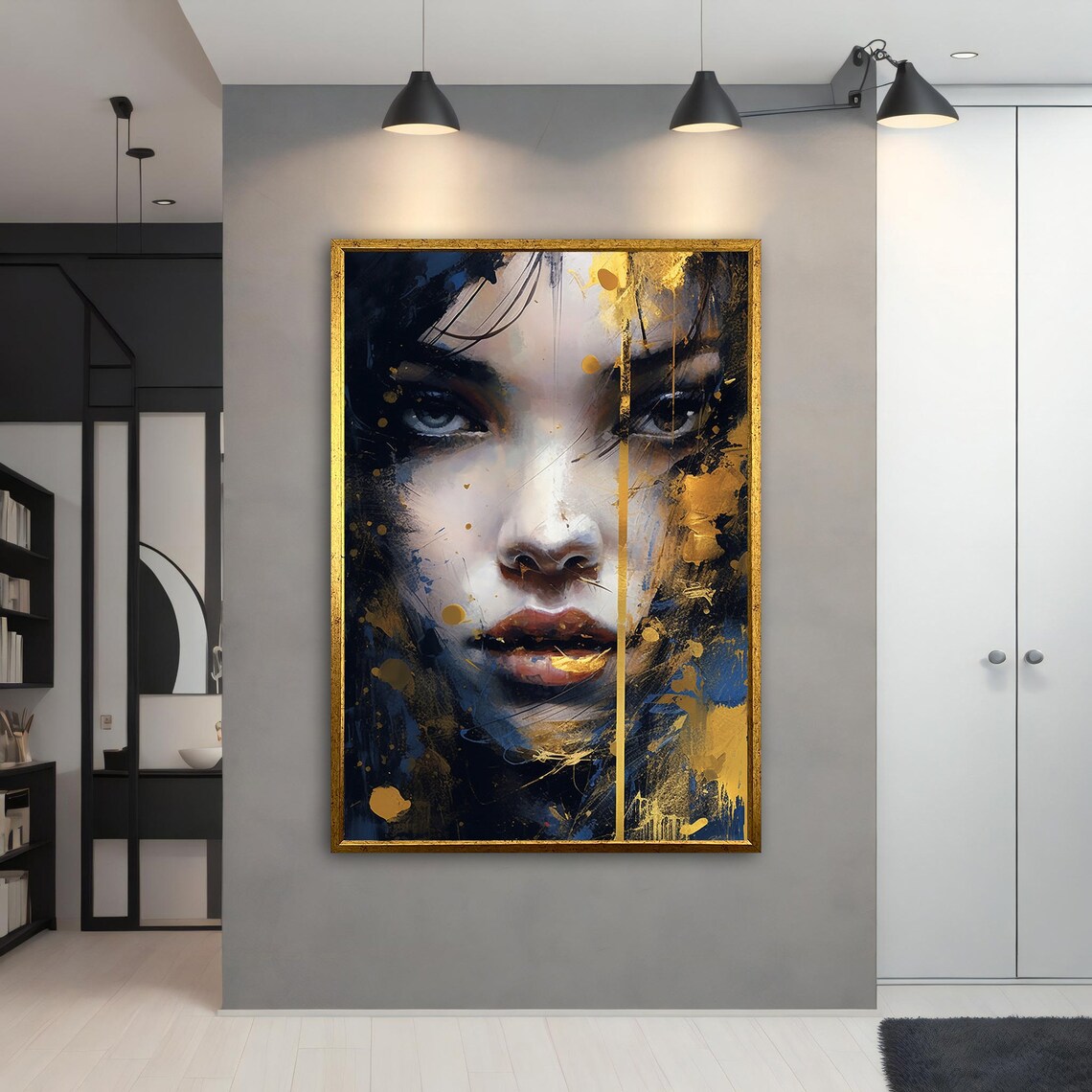 Golden and Navy Blue Woman Face Abstract Paint Splatter Poster - Image 5