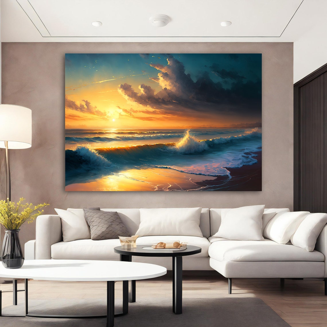 Ocean Sunset Golden Waves Beach Seascape Scenic Wall Art Poster - Image 2