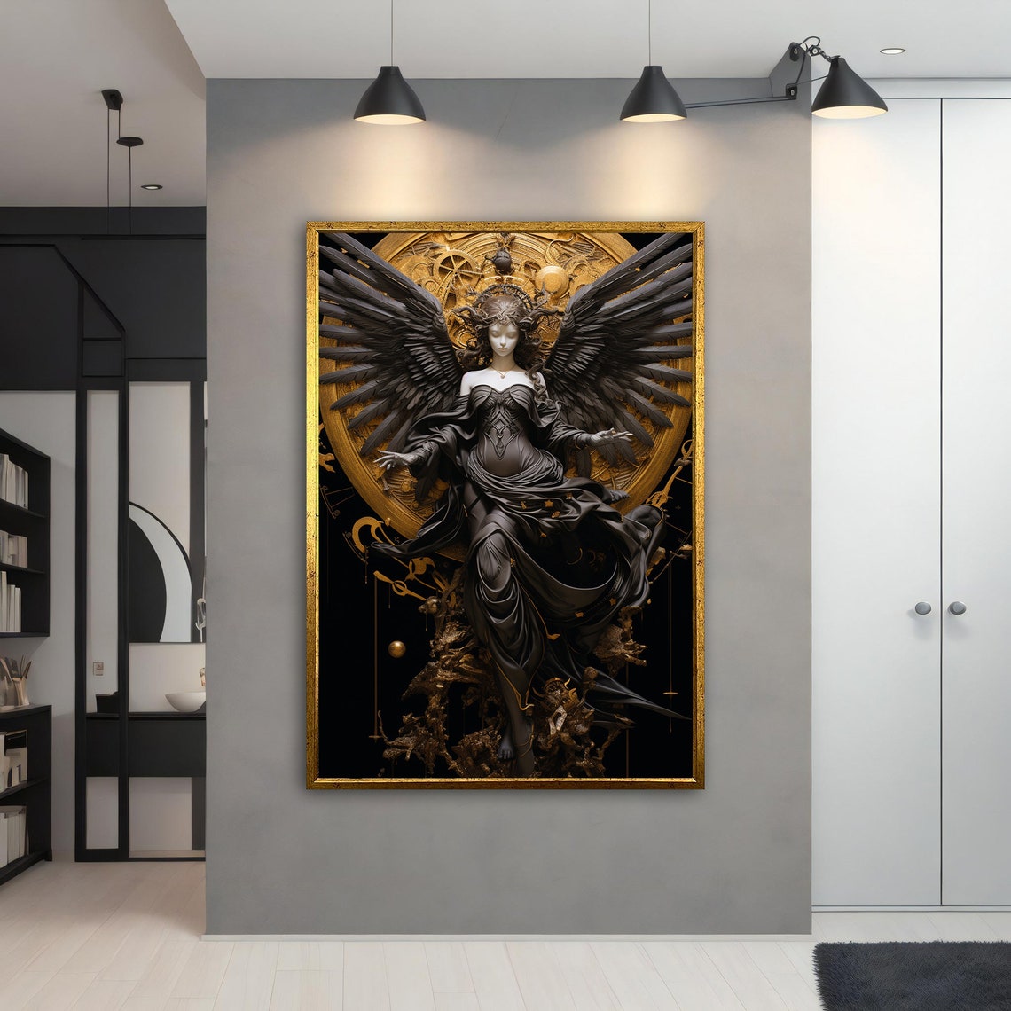 Black Angel with Golden Halo Wings Gothic Fantasy Art Poster - Image 4