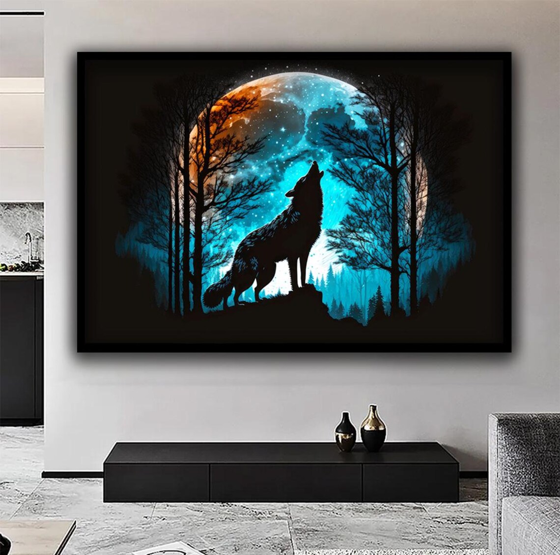 Howling Wolf Full Moon Night Forest Silhouette Wildlife Wall Art Poster - Image 2