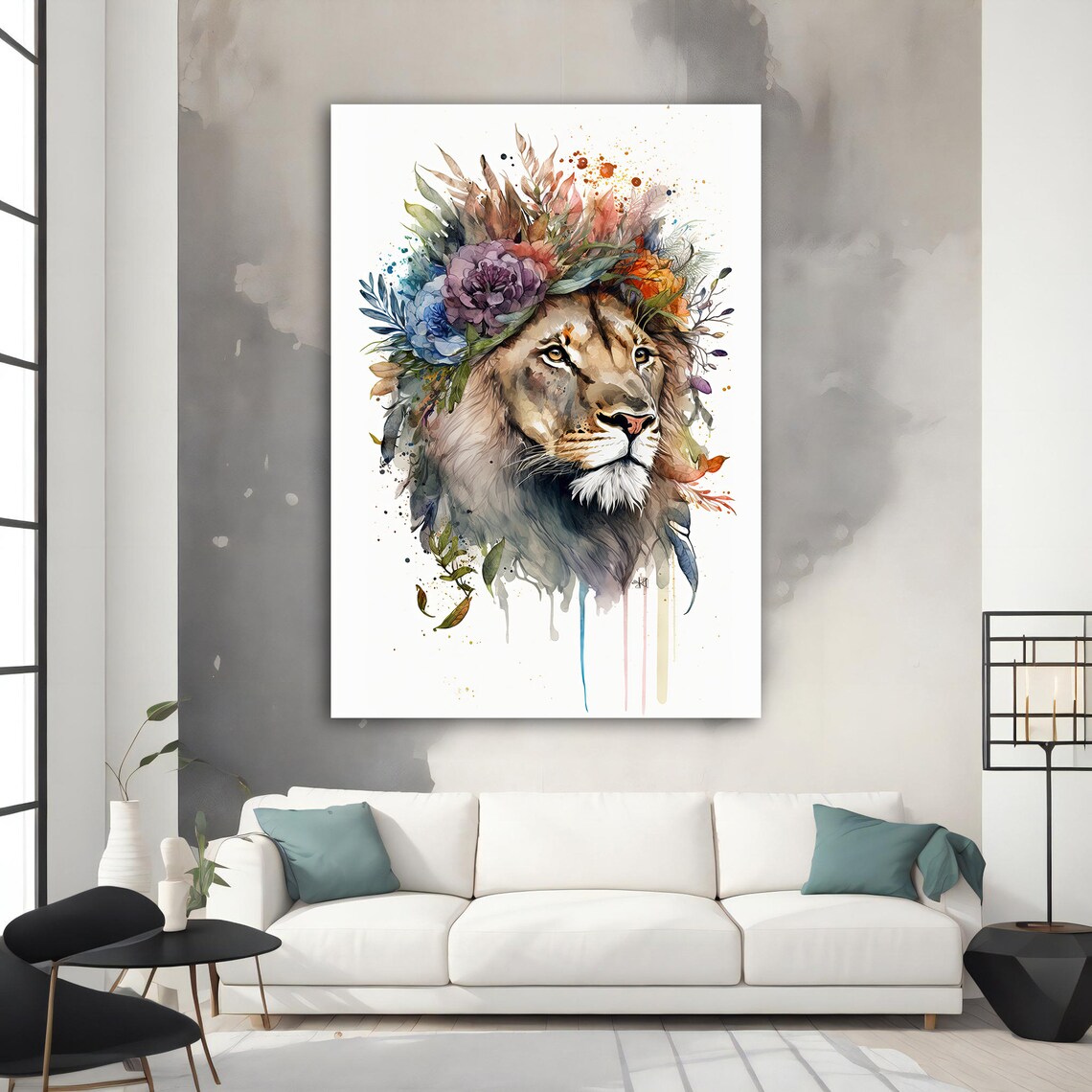 Watercolor Lion Floral Crown Botanical Soft Pastel Animal Art Wall Poster - Image 4