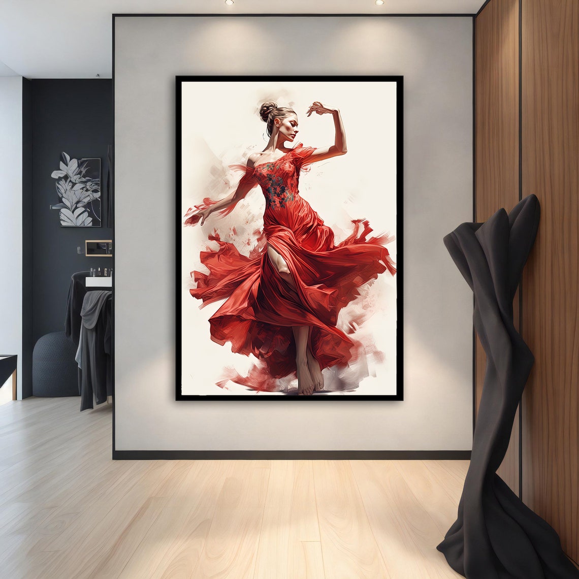 Passionate Flamenco Dancer Red Flowing Gown Painting Dance Art Poster - Image 2