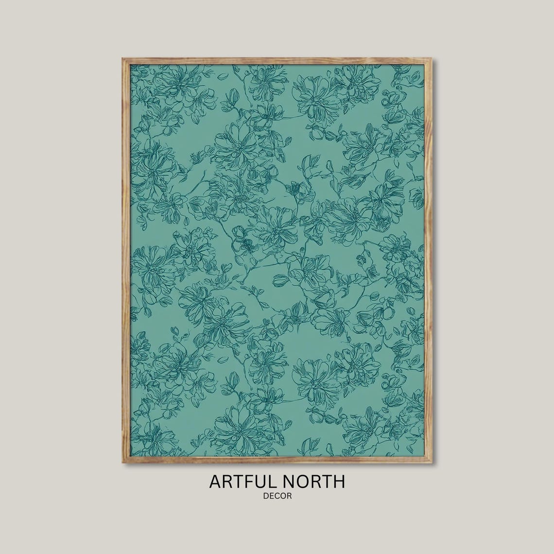 Teal Floral Botanical Line Pattern Vintage Style Home Decor Poster