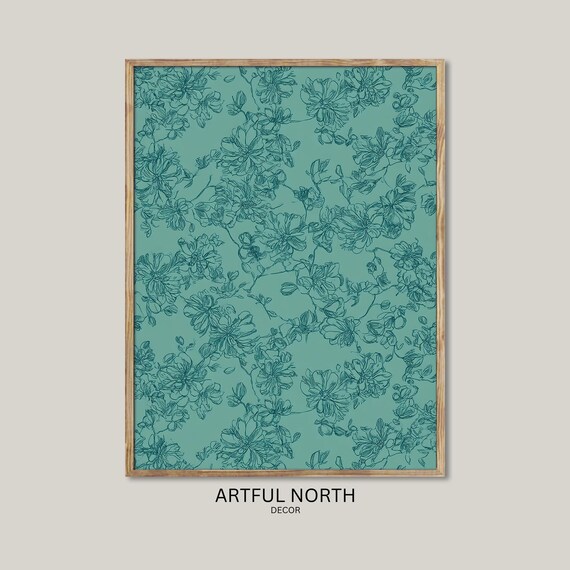 Teal Floral Wall Art Vintage Botanical Print