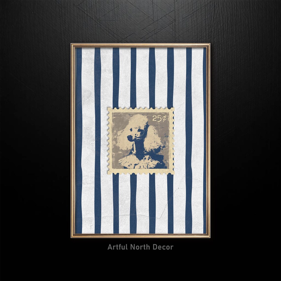 Vintage Poodle Postage Stamp Print On Blue And White Striped Background