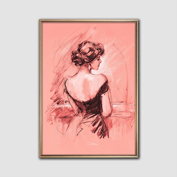 Pink Lady Elegant Gown Sketch Moody Fashion Illustration Print