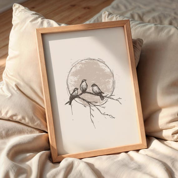 Three Sparrows Sketch Minimalist Bird Wall Art