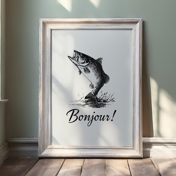 Funny Bonjour Leaping Bass Fish Sketch French Greeting Wall Art