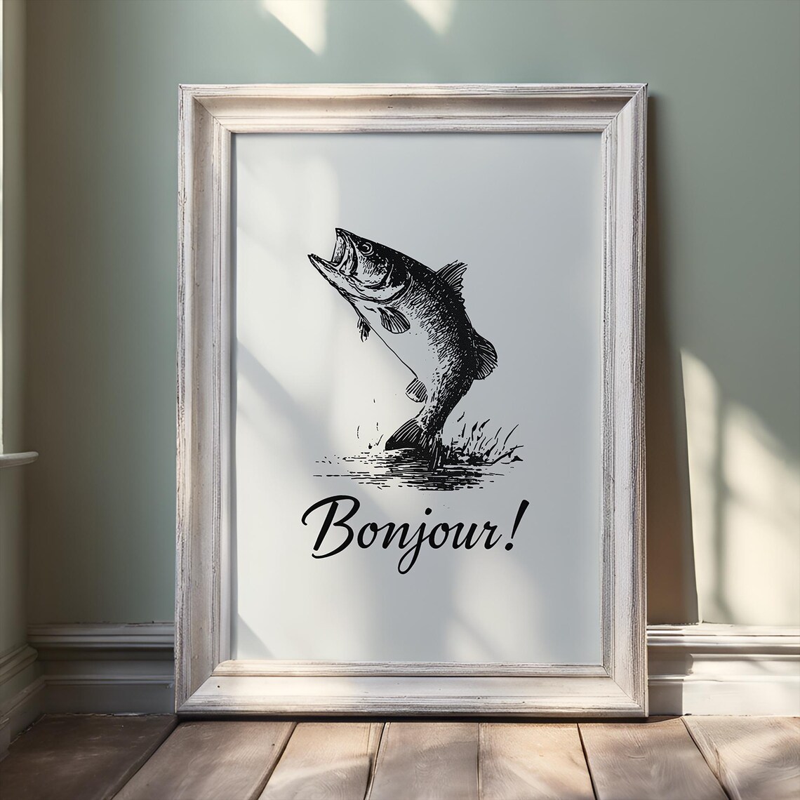 Funny Bonjour Leaping Bass Fish Sketch French Greeting Wall Art