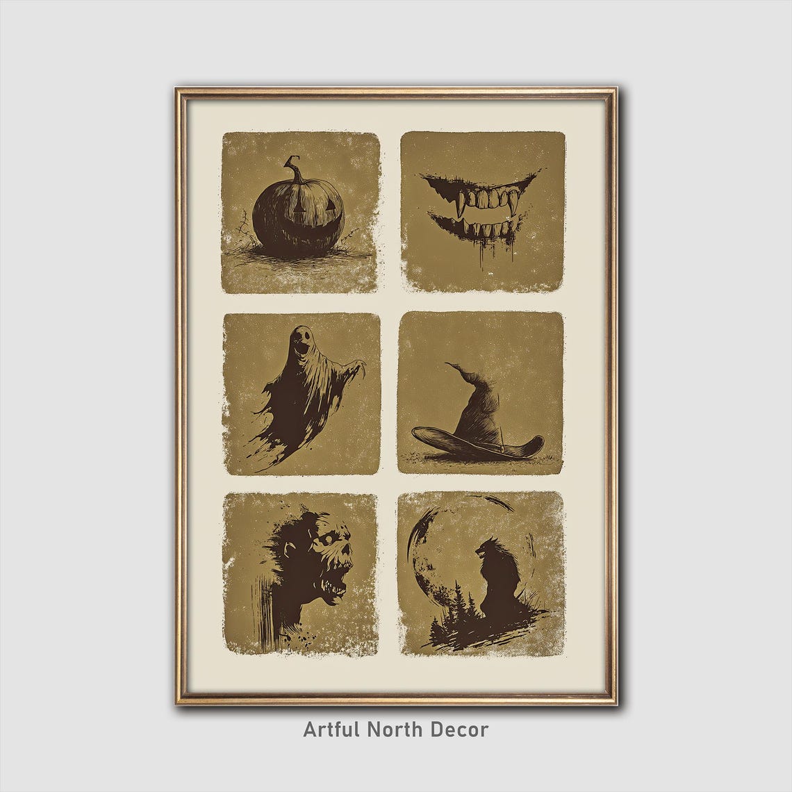 Vintage Halloween Icons Grid Spooky Retro Sepia Style Poster