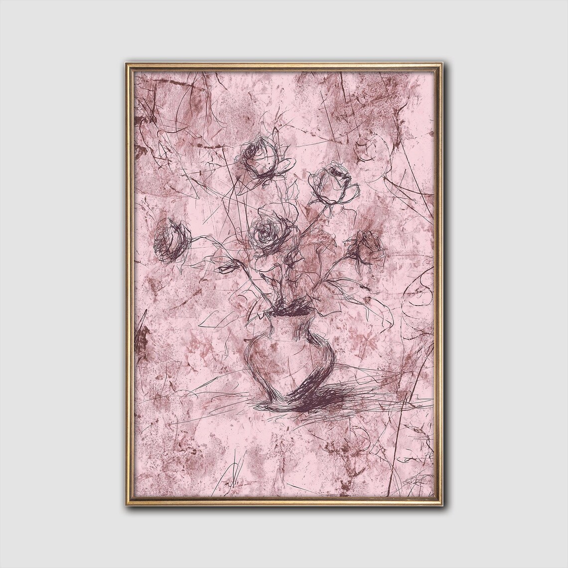Pink Grandmillennial Floral Sketch Rose Vase Shabby Chic Wall Art