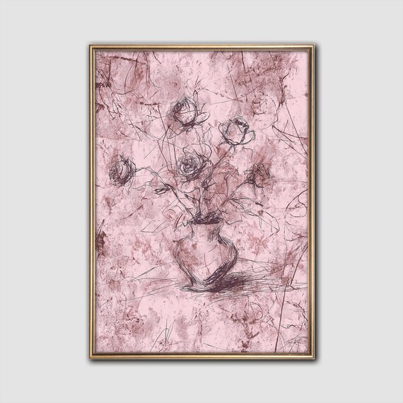 Pink Grandmillennial Floral Sketch Rose Vase Shabby Chic Wall Art