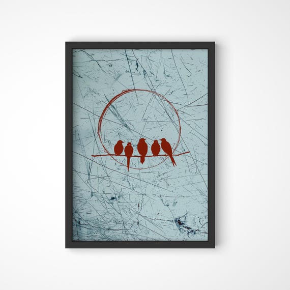 Abstract Red Birds Print Japandi Style Wall Art