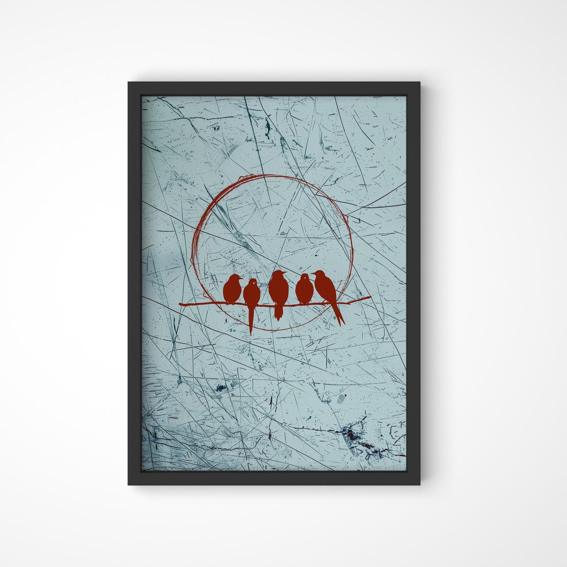 Red Birds On Branch Abstract Japandi Minimalist Circle Sun Art Poster