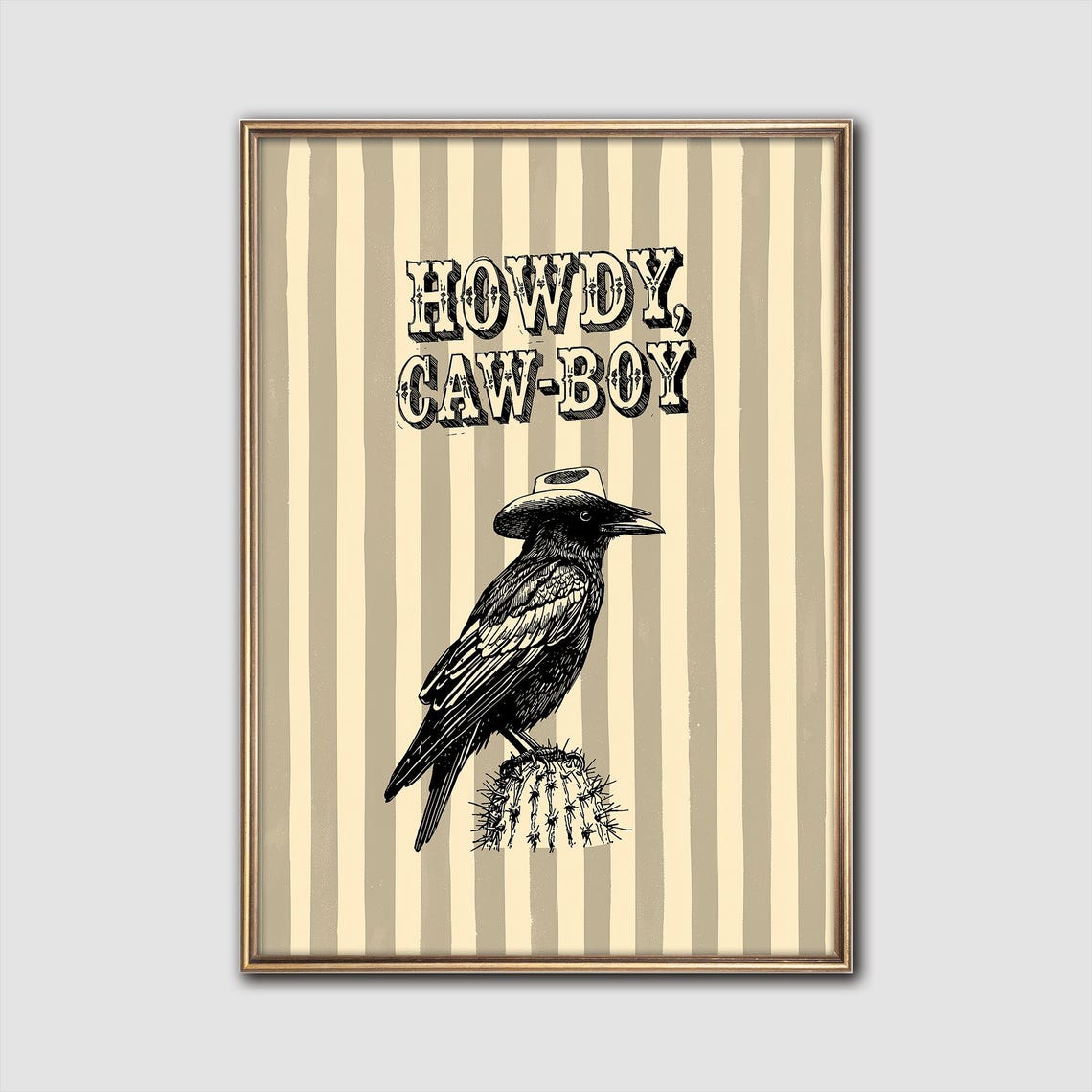 Howdy Caw Boy Crow Cowboy Hat Cactus Striped Western Humor Print
